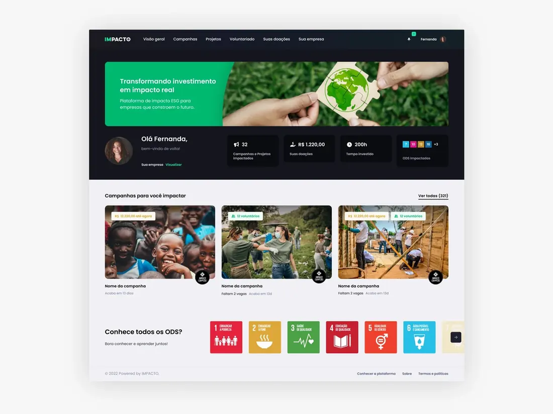 Tela de engajamento da IMPACTO, com campanhas e participação dos colaboradores