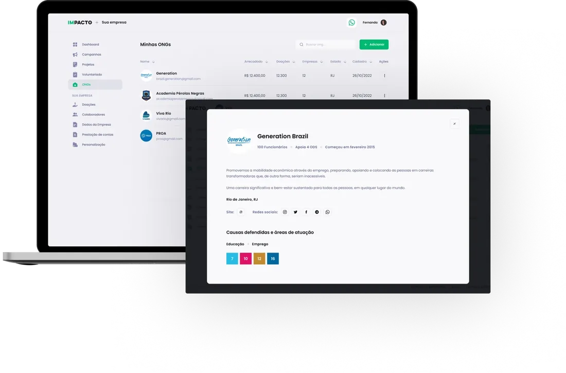 Ambiente de organizações de impacto: perfil da OSC com documentação, causas defendidas e projetos em andamento